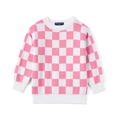 Pink Checker Knit Long Sleeve Crewneck Sweater