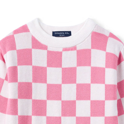 Pink Checker Knit Long Sleeve Crewneck Sweater