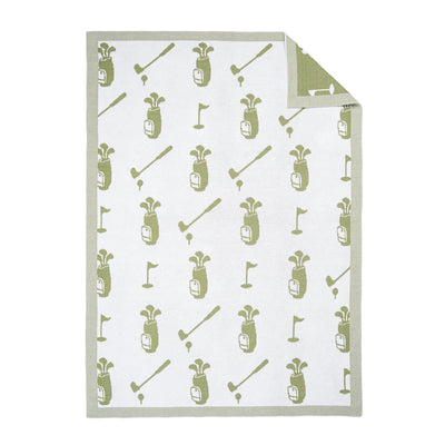 Golf-themed baby blanket with patterns of golf bags, clubs, and flags on a white background