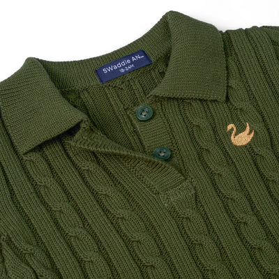 Cable Knit Polo Dress in Forest Green