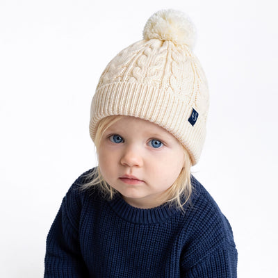 Cable Knit Pom Beanie in Cream