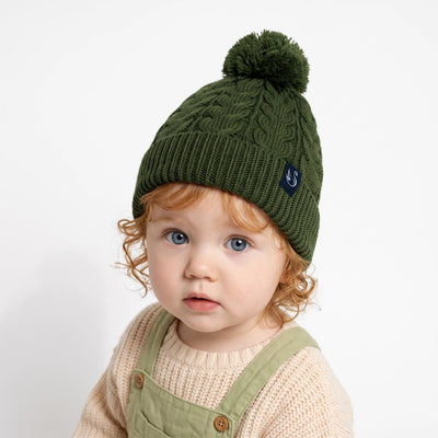 Cable Knit Pom Beanie in Forest Green