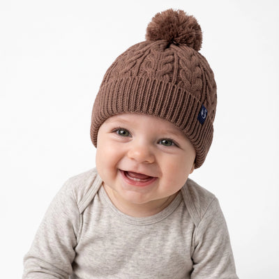 Cable Knit Pom Beanie in Mocha