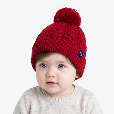 Cable Knit Pom Beanie in Red Xmas
