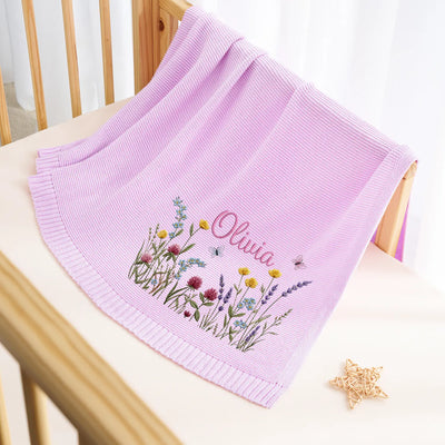 Wildflower Embroidered Baby Name Knit Blanket