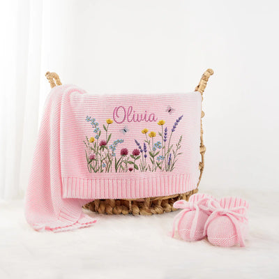 Wildflower Embroidered Baby Name Knit Blanket