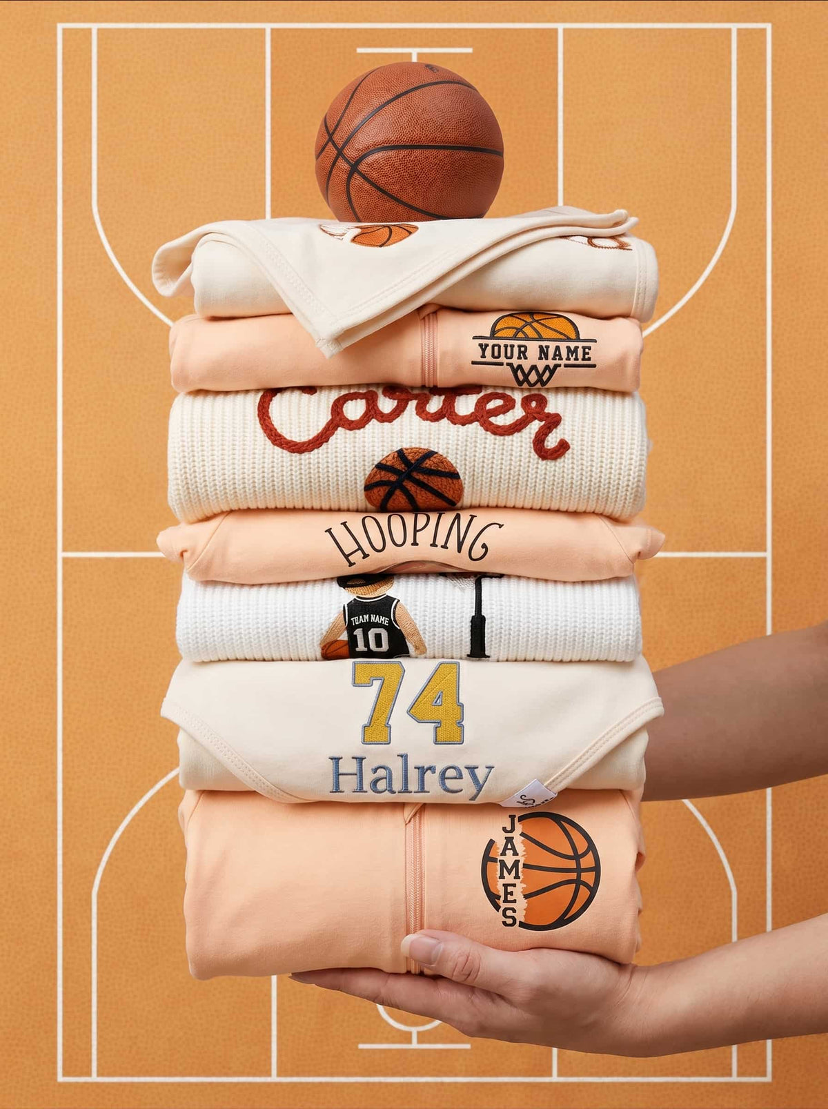 Stack of personalized t-shirts with basketball designs on a basketball court background