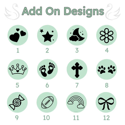 Set of 12 customizable design icons on a light green background with text 'Add On Designs'.