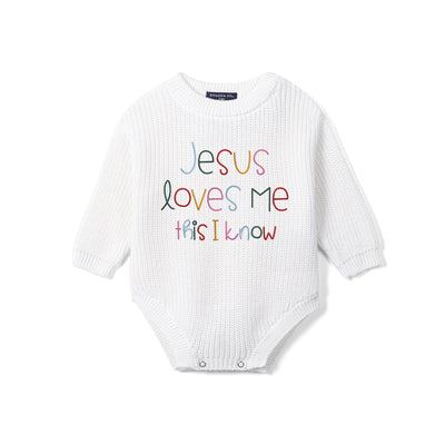 Jesus Loves Me This I Know Embroidered Knit Baby Romper