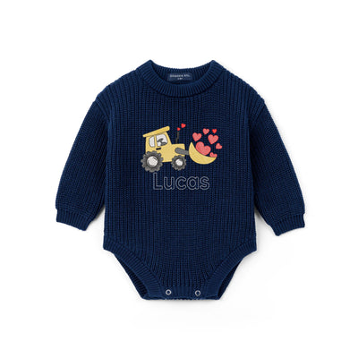 Custom Name Bulldozer Hearts Embroidered Knit Baby Romper