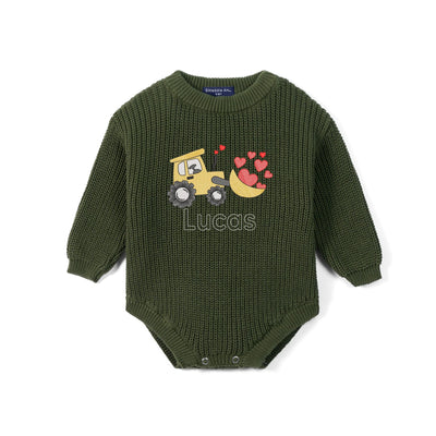 Custom Name Bulldozer Hearts Embroidered Knit Baby Romper