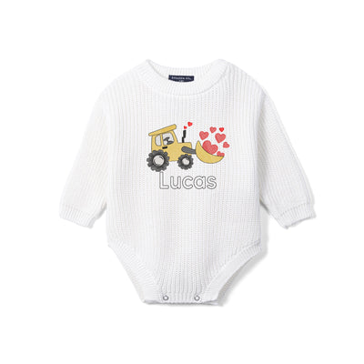 Custom Name Bulldozer Hearts Embroidered Knit Baby Romper