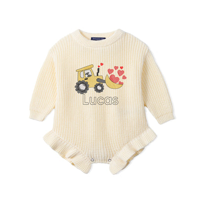 Custom Name Bulldozer Hearts Embroidered Knit Baby Romper
