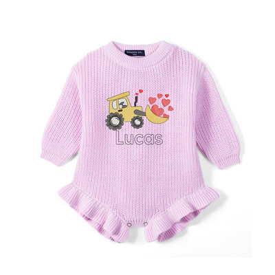 Custom Name Bulldozer Hearts Embroidered Knit Baby Romper