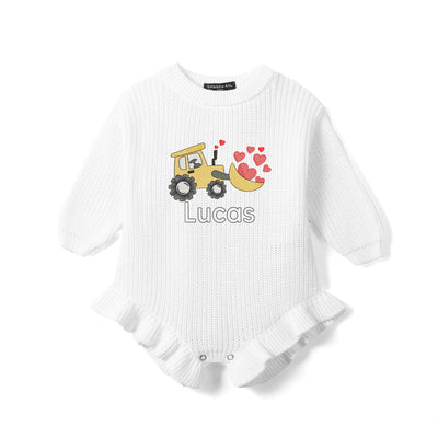 Custom Name Bulldozer Hearts Embroidered Knit Baby Romper