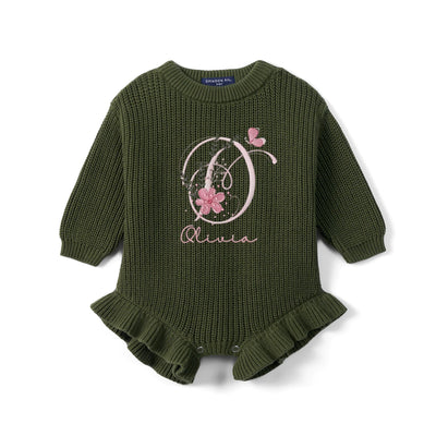 Custom Floral Initial Embroidered Knit Baby Romper