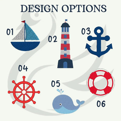 Nautical design options with sailboat, lighthouse, anchor, wheel, and whale on a white background.