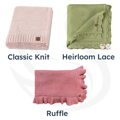 Three types of baby blankets labeled 'Classic Knit', 'Heirloom Lace', and 'Ruffle' on a white background.