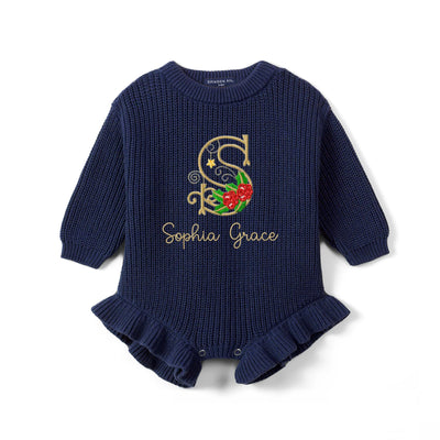 Custom Name Monogram Holly Knit Baby Romper