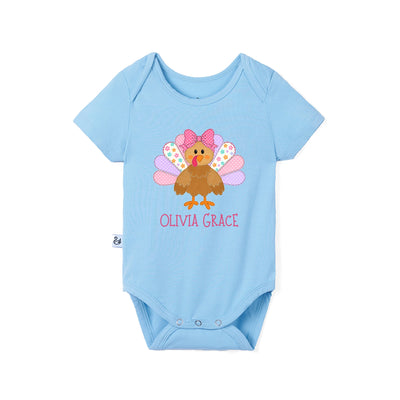 Custom Colorful Turkey Thanksgiving Name Bamboo Baby Bodysuit