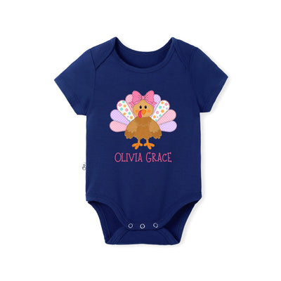 Custom Colorful Turkey Thanksgiving Name Bamboo Baby Bodysuit