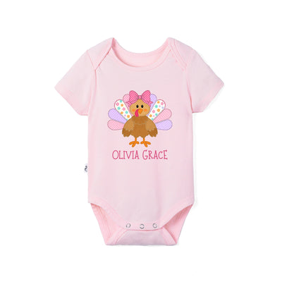 Custom Colorful Turkey Thanksgiving Name Bamboo Baby Bodysuit